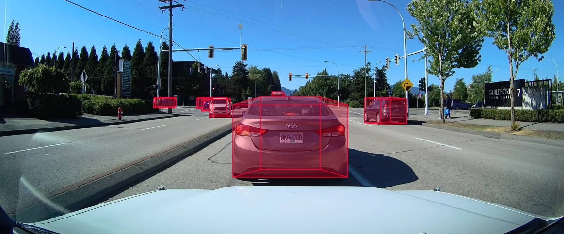 An example of an annotated autonomous vehicles image, where the cars are annotated using cuboids.